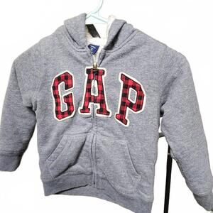 Baby Gap Fleece Lined Gray Hooded Sweatshirt with Red/Black Plaid logo size 5